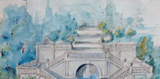 Quei giardini mai fioriti Schizzo prospettico di Giuseppe Roda della gradinata di accesso al bosco del Littorio, poi ribattezzato dei Partigiani