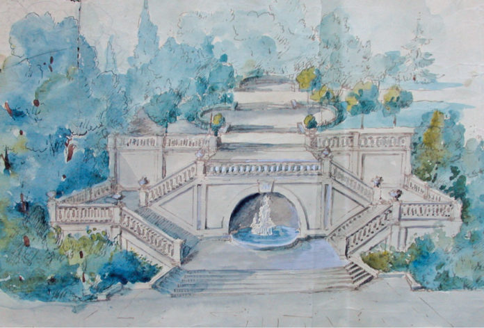 Quei giardini mai fioriti Schizzo prospettico di Giuseppe Roda della gradinata di accesso al bosco del Littorio, poi ribattezzato dei Partigiani