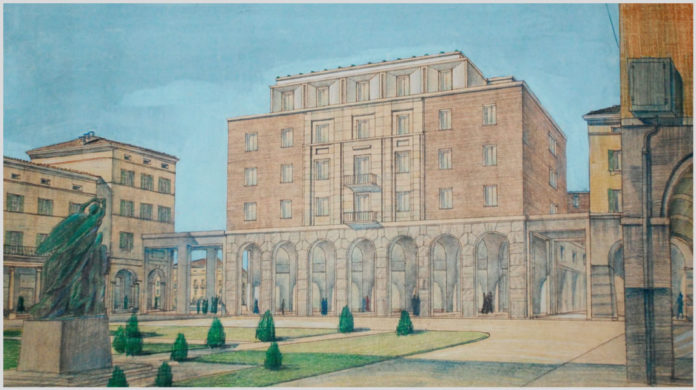 Piazza Alfieri e Campo del Palio Ipotesi scartata per il palazzo Ina, in un’inedita piazza San Secondo. Sulla sinistra si nota il monumento ai Caduti, oggi in piazza I maggio. (Collezione privata)