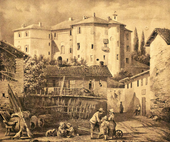 Il castello di Cossombrato così come appare in una litografia del 1856 ad opera dei fratelli Doyen di Torino