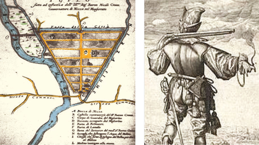 Due immagini dell’Archivio Storico che mostrano le mappe e momenti dell’assedio di Nizza, 5bis) a lato gli stemmi comunali di Nizza e Canelli
