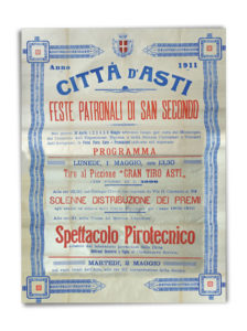 Il manifesto delle feste patronali del 1911. Nella serata di lunedì 1 maggio si svolse lo spettacolo pirotecnico in onore di San Secondo