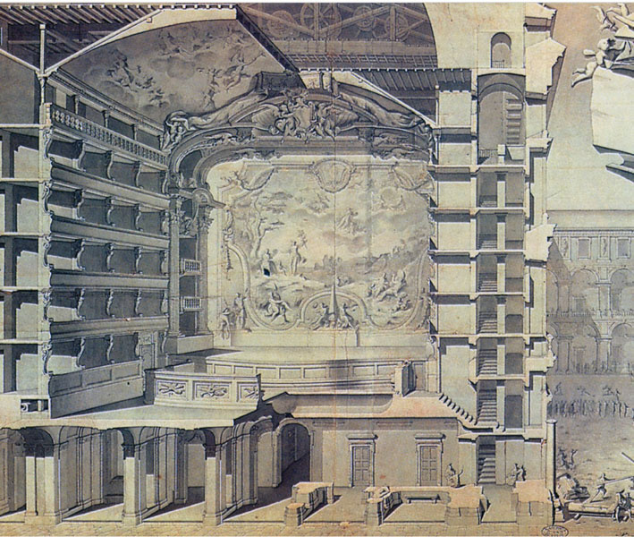 Una stampa che raffigura il Teatro Regio nel 1800. Giovanni Battista Polledro ne fu tra gli animatori artistici dal 1823 al 1844