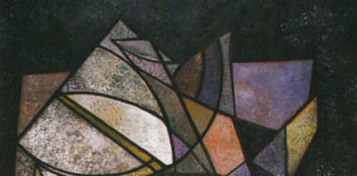 Una tela che anticipa fondali teatrali Immagine, 1957, tempera su tela, cm. 200 x 120, restauro ad acrilico nel 1990, firmato. Collezioni Fondazione Eugenio Guglielminetti, esposizione permanente