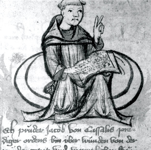 Una miniatura che raffigura le predicazioni di Frate Jacopo da Cessole