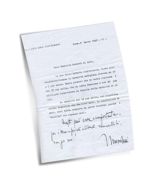 Il documento, firmato Mussolini, inviato al Podestà di Asti Guido Mancini nel 1928