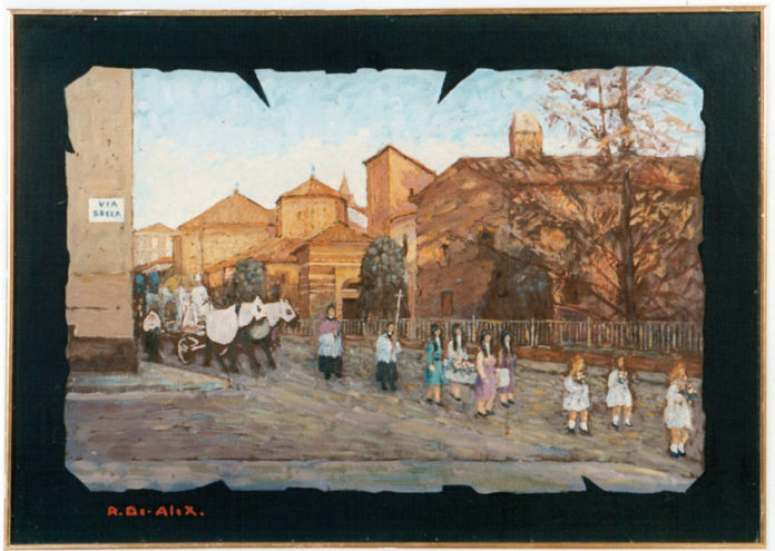 Petali rosa al funerale di Anna Renzo De Alexandris (Asti 1914-2008), La sepoltura della piccola Anna De Alexandris. Asti nel 1946, olio su tela, cm. 50 x 70, firmato. Collezione Fondazione Eugenio Guglielminetti, Asti.